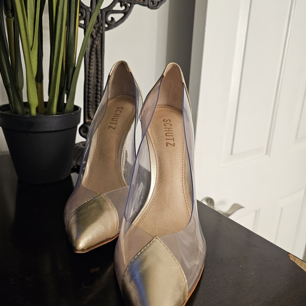 Schutz Gold and Clear Women's Heels